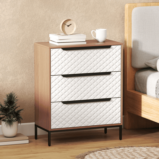HOMCOM Cômoda com 3 Gavetas de Tecido, Cômoda para Quarto, Estrutura de MDF, Frente com Padrão de Diamante, Gaveteiro para Sala, Escritório, Closet, Natural e Branco