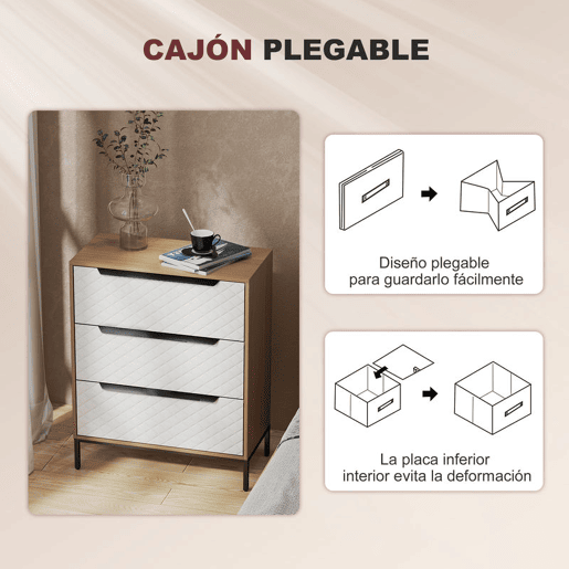 HOMCOM Cômoda com 3 Gavetas de Tecido, Cômoda para Quarto, Estrutura de MDF, Frente com Padrão de Diamante, Gaveteiro para Sala, Escritório, Closet, Natural e Branco