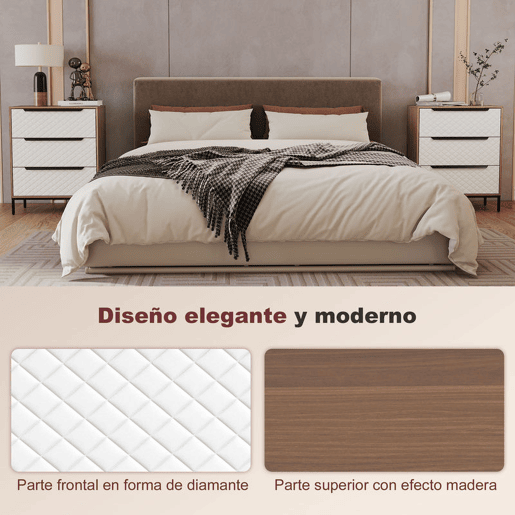 HOMCOM Cômoda com 3 Gavetas de Tecido, Cômoda para Quarto, Estrutura de MDF, Frente com Padrão de Diamante, Gaveteiro para Sala, Escritório, Closet, Natural e Branco