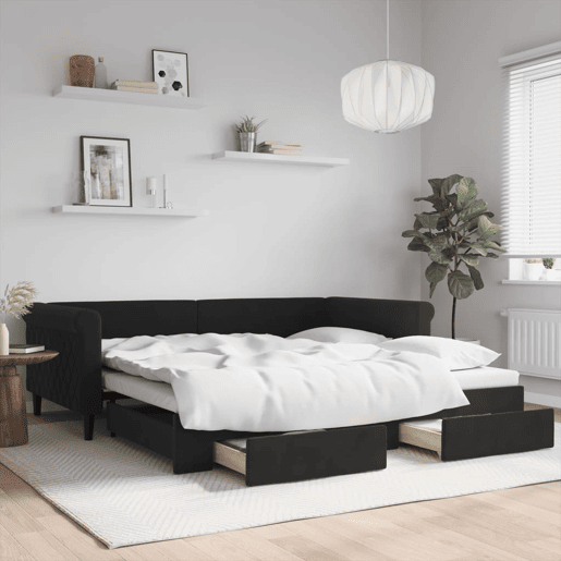 Sofá-cama, Sofá conversível com gavetão e gavetas 100x200 cm veludo preto