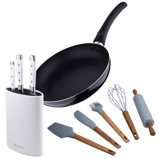 Conjunto de frigideira de alumínio prensado de 24x4,5cm + 3 facas (Chef + Santoku + Multiuso) com bloco + 5 utensílios de cozinha de silicone PIXEL Chef Sauce