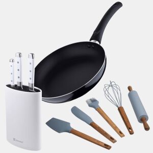 Conjunto de frigideira de alumínio prensado de 24x4,5cm + 3 facas (Chef + Santoku + Multiuso) com bloco + 5 utensílios de cozinha de silicone PIXEL Chef Sauce