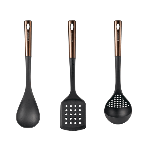 Conjunto de 3 utensílios de cozinha Bergner Copper: espátula vazada, colher e concha em PBT preto e cobre.