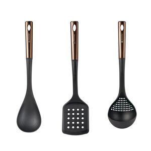 Conjunto de 3 utensílios de cozinha Bergner Copper: espátula vazada, colher e concha em PBT preto e cobre.