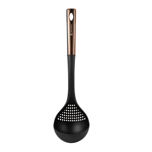 Conjunto de 3 utensílios de cozinha Bergner Copper: espátula vazada, colher e concha em PBT preto e cobre.