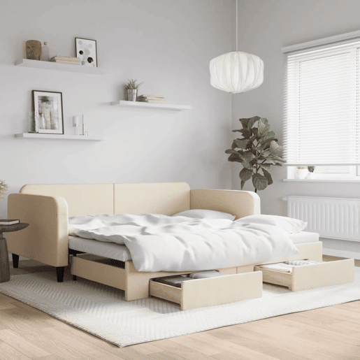 Sofá-cama, Sofá conversível com gavetão e gavetas 100x200 cm tecido cor creme Sofá-cama, Sofá conversível com gavetão e gavetas 100x200 cm tecido cor creme