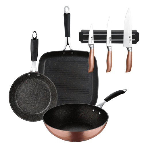 Conjunto de 3 facas de cozinha em aço inoxidável + grelha de 28x28cm + wok de 28cm + frigideira de alumínio forjado de 20x4,5cm com revestimento Cooper Bergner