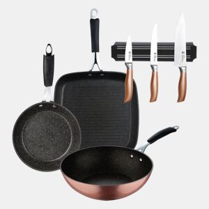 Conjunto de 3 facas de cozinha em aço inoxidável + grelha de 28x28cm + wok de 28cm + frigideira de alumínio forjado de 20x4,5cm com revestimento Cooper Bergner