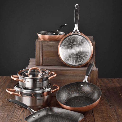 Conjunto de 3 facas de cozinha em aço inoxidável + grelha de 28x28cm + wok de 28cm + frigideira de alumínio forjado de 20x4,5cm com revestimento Cooper Bergner