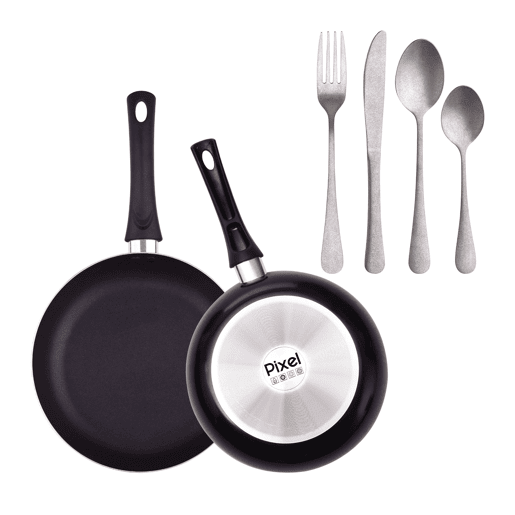 Conjunto de 2 frigideiras Ø20Ø24cm em alumínio prensado antiaderente + Conjunto de 16 talheres em aço inoxidável + Molho PIXEL Chef