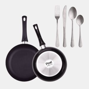 Conjunto de 2 frigideiras Ø20Ø24cm em alumínio prensado antiaderente + Conjunto de 16 talheres em aço inoxidável + Molho PIXEL Chef