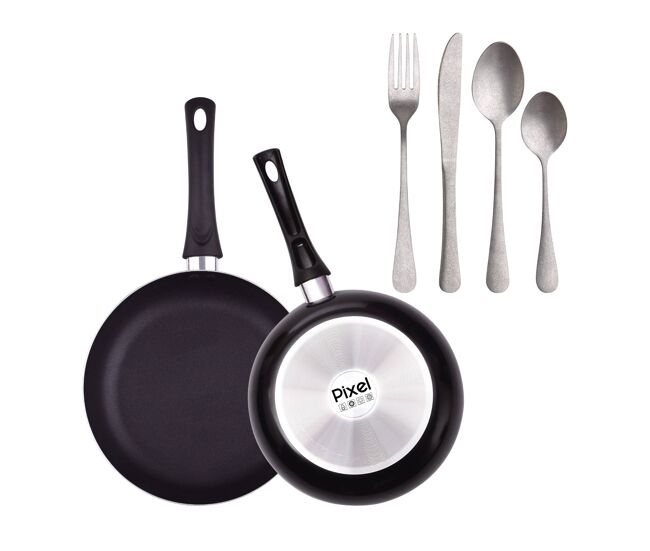 Juego de 2 sartenes ø20ø24cm en aluminio prensado y antiadherente + set de 16 cubiertos en acero inoxidable pixel chef sauce