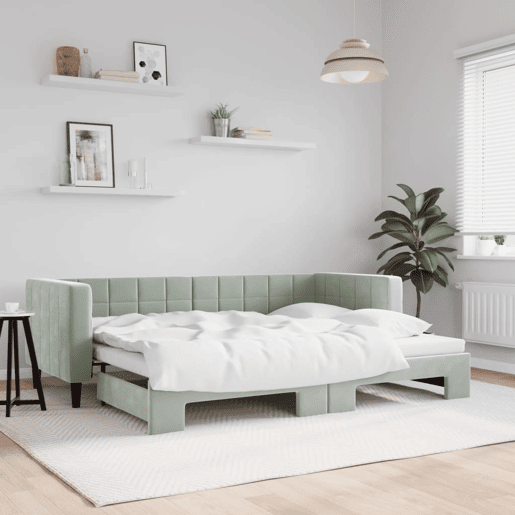 Sofá-cama, Sofá conversível com gavetão 80x200 cm veludo cinzento-claro Sofá-cama, Sofá conversível com gavetão 80x200 cm veludo cinzento-claro