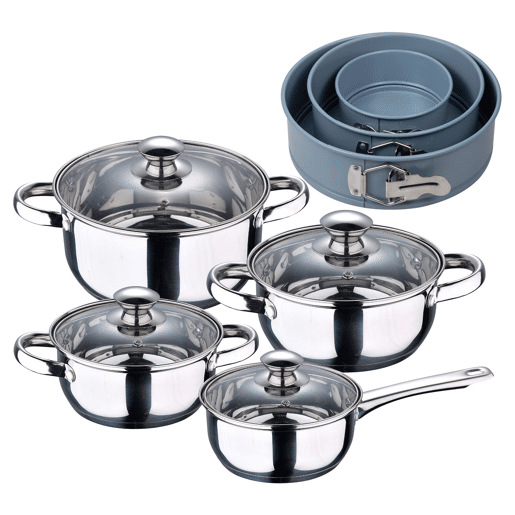 Conjunto de panelas SAN IGNACIO de 7 peças em aço inoxidável, adequado para todos os tipos de fogão + Conjunto de 3 formas redondas para forno Ø12Ø18Ø22cm Conjunto de panelas SAN IGNACIO de 7 peças em aço inoxidável, adequado para todos os tipos de fogão + Conjunto de 3 formas redondas para forno Ø12Ø18Ø22cm