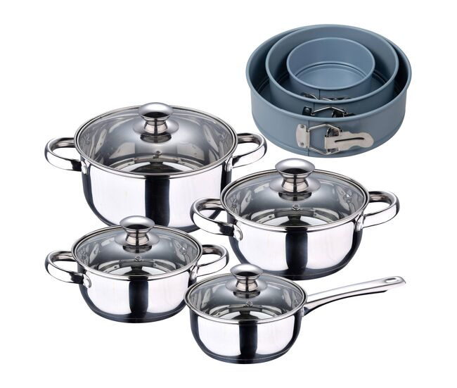 Batería de cocina 7 piezas san ignacio fabricada en acero inoxidable apta para todo tipo de fuegos+ juego de 3 moldes de horno redondos ø12ø18ø22cm