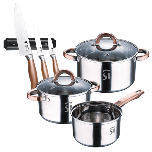 Conjunto de panelas de aço inoxidável de 5 peças Ø16Ø18Ø20, adequado para indução + conjunto de facas de aço inoxidável Bergner Copper de 3 peças + suporte magnético de parede
