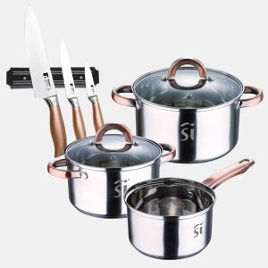 Conjunto de panelas de aço inoxidável de 5 peças Ø16Ø18Ø20, adequado para indução + conjunto de facas de aço inoxidável Bergner Copper de 3 peças + suporte magnético de parede