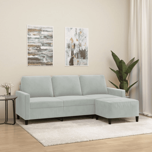 Sofá de 3 lugares - Sofá fixo com apoio de pés 180 cm veludo cinzento-claro Sofá de 3 lugares - Sofá fixo com apoio de pés 180 cm veludo cinzento-claro