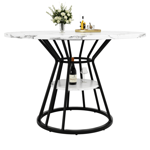 Mesa de jantar redonda 100x100 cm - Mesa de cozinha com pernas metálicas, padrão mármore - Preto