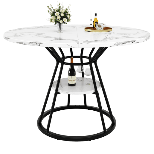 Mesa de jantar redonda 100x100 cm - Mesa de cozinha com pernas metálicas, padrão mármore - Preto