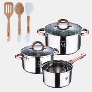 Conjunto de panelas de aço inoxidável de 5 peças Ø16Ø18Ø20, adequado para indução + conjunto de utensílios de cozinha Bergner NATURALLY de 3 peças em silicone e madeira