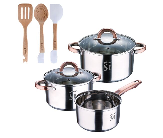 Bateria 5pc acero inoxidable ø16ø18ø20, aptas para inducción+ bergner naturally juego de 3 utensilios de cocina en silicona y madera