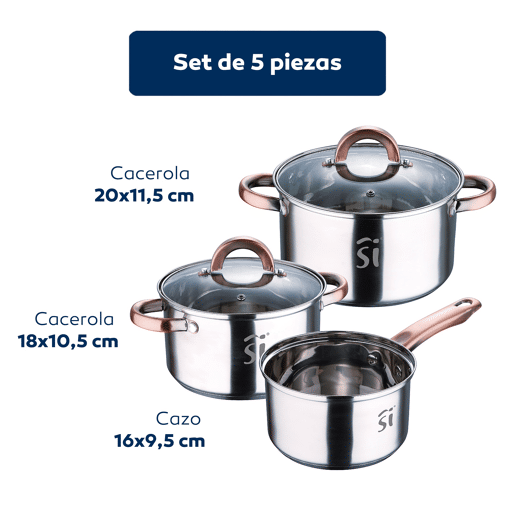Conjunto de panelas de aço inoxidável de 5 peças Ø16Ø18Ø20, adequado para indução + conjunto de utensílios de cozinha Bergner NATURALLY de 3 peças em silicone e madeira