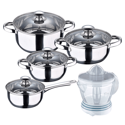 Conjunto de panelas SAN IGNACIO de 7 peças em aço inoxidável, adequado para todos os tipos de fogão + espremedor de frutas de 40W, 1,2 litros Conjunto de panelas SAN IGNACIO de 7 peças em aço inoxidável, adequado para todos os tipos de fogão + espremedor de frutas de 40W, 1,2 litros