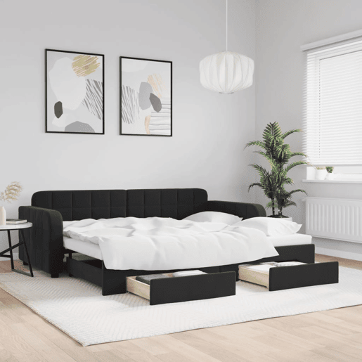 Sofá-cama, Sofá conversível com gavetão e gavetas 90x190 cm veludo preto Sofá-cama, Sofá conversível com gavetão e gavetas 90x190 cm veludo preto