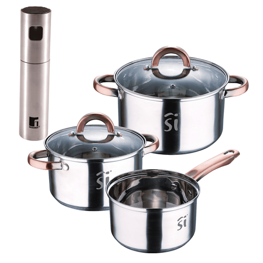 Conjunto de panelas de aço inoxidável de 5 peças (Ø16, Ø18, Ø20), adequadas para fogões de indução + Pulverizador de óleo e vinagre Bergner Copper (Ø4 x 17,5 cm) em aço inoxidável