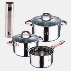 Conjunto de panelas de aço inoxidável de 5 peças (Ø16, Ø18, Ø20), adequadas para fogões de indução + Pulverizador de óleo e vinagre Bergner Copper (Ø4 x 17,5 cm) em aço inoxidável