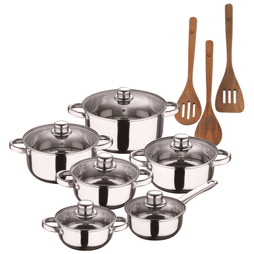 Conjunto de panelas San Ignacio de 12 peças em aço inoxidável com acabamento cromado, coleção Cassel+. Conjunto de utensílios de cozinha San Ignacio AGROS de 3 peças. Conjunto de panelas San Ignacio de 12 peças em aço inoxidável com acabamento cromado, coleção Cassel+. Conjunto de utensílios de cozinha San Ignacio AGROS de 3 peças.
