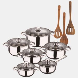 Conjunto de panelas San Ignacio de 12 peças em aço inoxidável com acabamento cromado, coleção Cassel+. Conjunto de utensílios de cozinha San Ignacio AGROS de 3 peças.