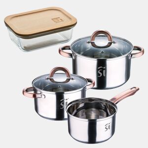 Conjunto de panelas de aço inoxidável de 5 peças Ø16Ø18Ø20, adequado para indução + recipiente hermético de vidro borossilicato Bergner NATURALLY de 650 ml