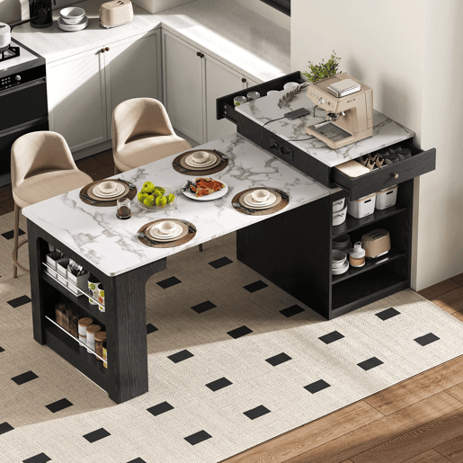 Ilha de cozinha com rodas - Mesa extensível com tampo removível e tomadas - Branco+Preto