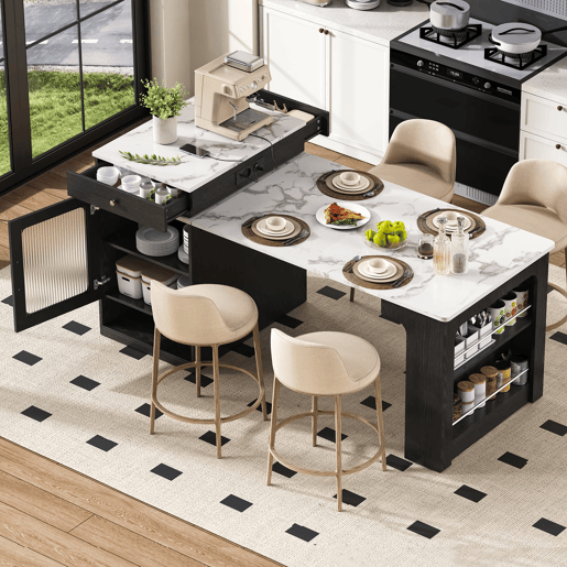Ilha de cozinha com rodas - Mesa extensível com tampo removível e tomadas - Branco+Preto