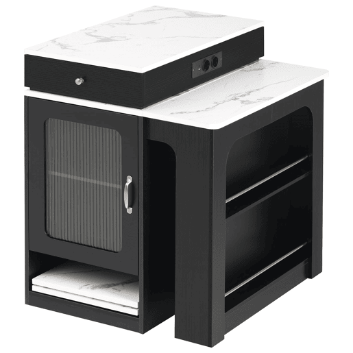 Ilha de cozinha com rodas - Mesa extensível com tampo removível e tomadas - Branco+Preto