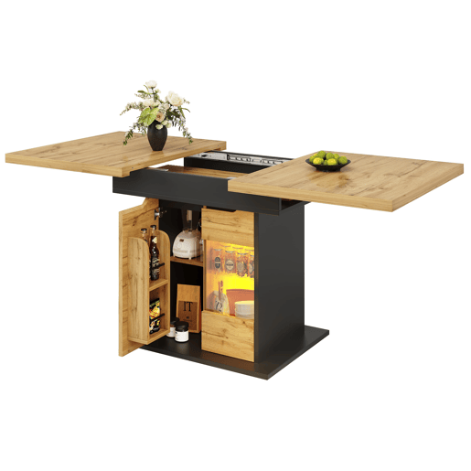Mesa extensível 110-140x80 cm - Telescópica, com LED e arrumação - Preto + Natural