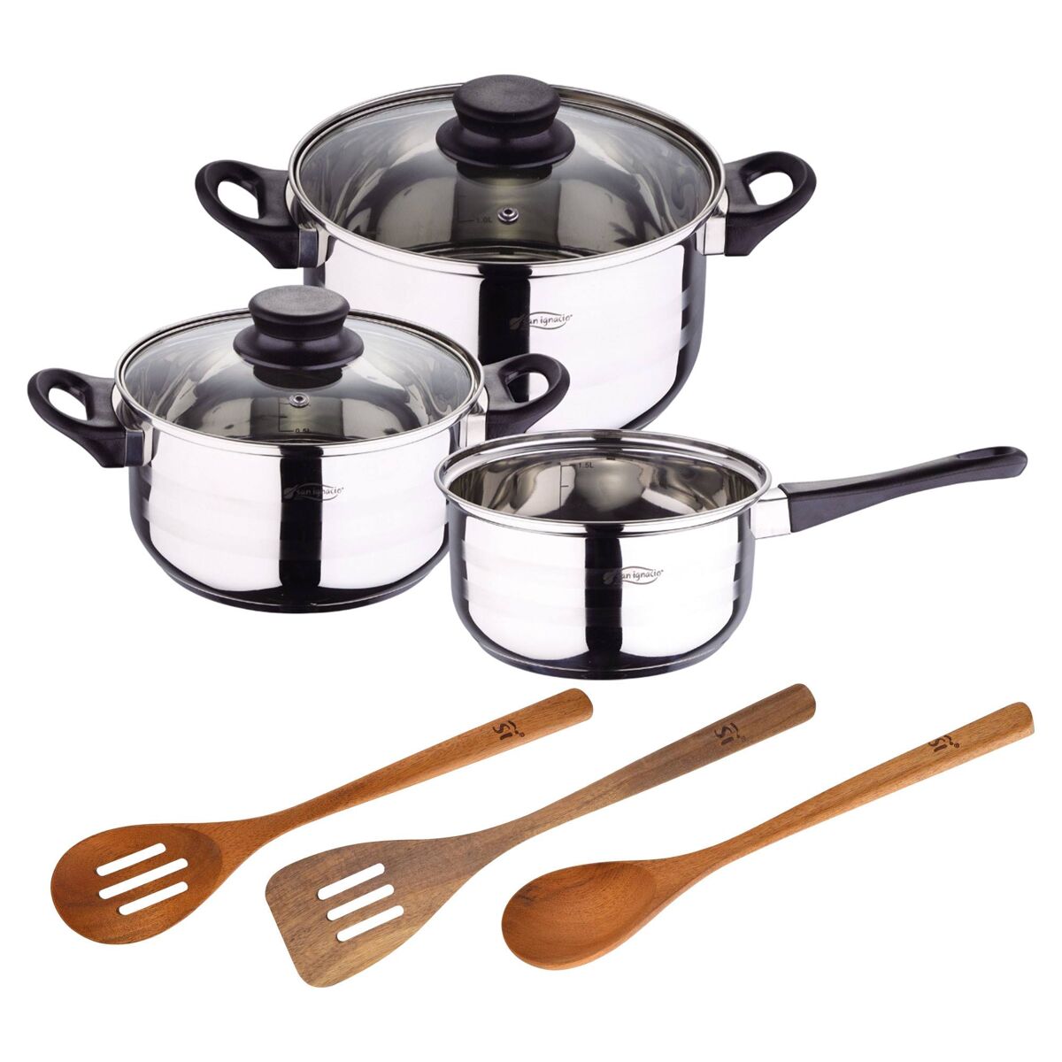 Set de baterías de cocina toledo 5pc aptas para inducción+ san ignacio agros set 3pc utensilios cocina madera acacia