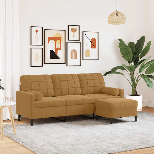 Sofá de 3 lugares - Sofá fixo com apoio de pés 180 cm veludo castanho