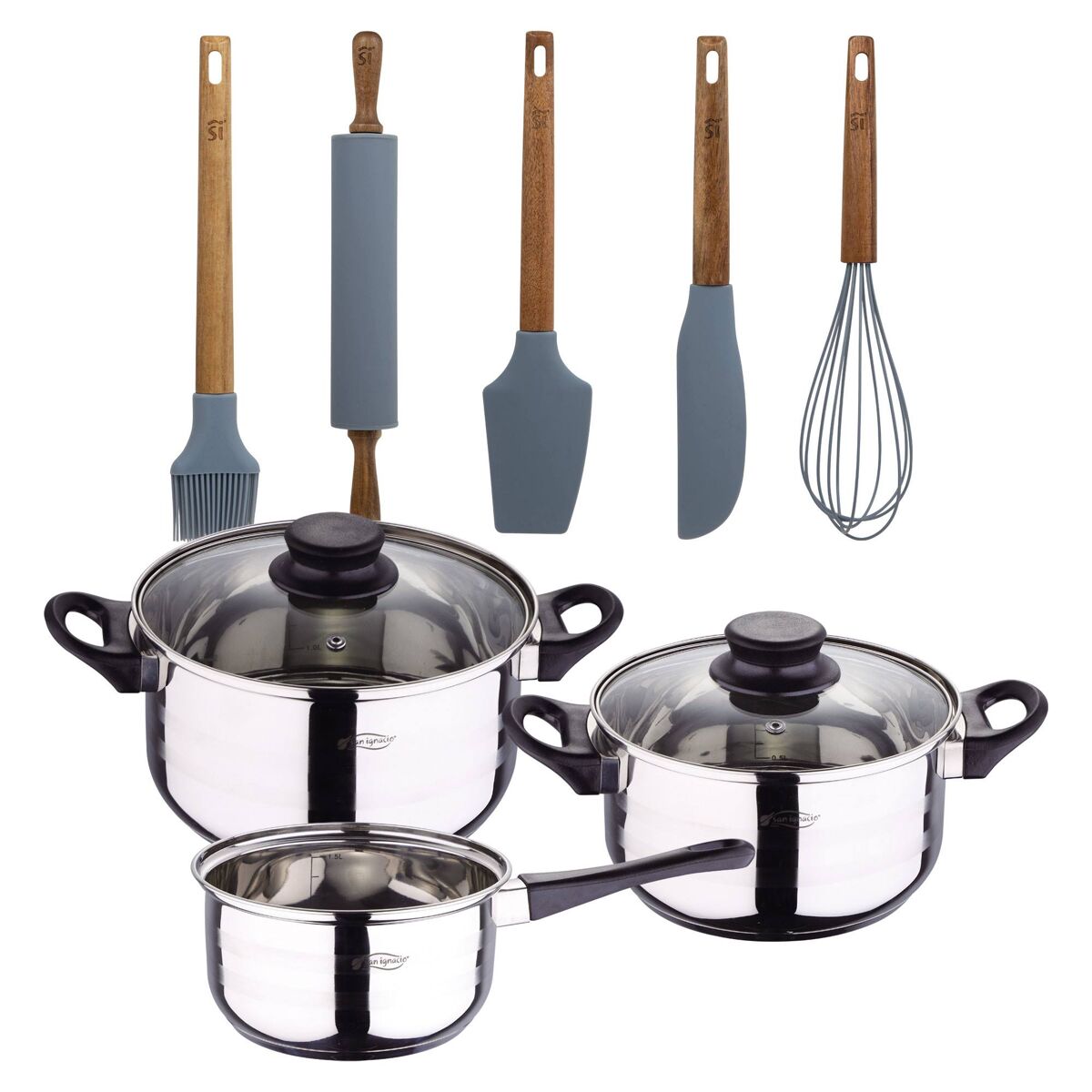 Set de baterías de cocina toledo 5pc aptas para inducción+ set de 5 utensilios de cocina de silicona y madera de acacia noia san ignacio