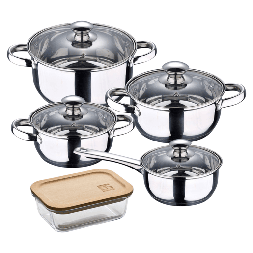 Conjunto de panelas SAN IGNACIO de 7 peças em aço inoxidável, adequado para todos os tipos de fogão + recipiente hermético de vidro borossilicato de 650 ml Conjunto de panelas SAN IGNACIO de 7 peças em aço inoxidável, adequado para todos os tipos de fogão + recipiente hermético de vidro borossilicato de 650 ml