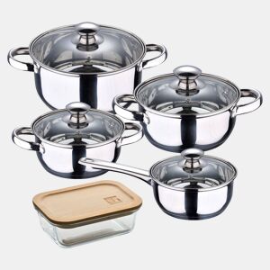 Conjunto de panelas SAN IGNACIO de 7 peças em aço inoxidável, adequado para todos os tipos de fogão + recipiente hermético de vidro borossilicato de 650 ml
