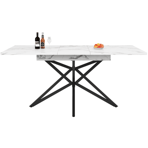 Mesa extensível 120 (160) x 80 cm - Mesa de cozinha, mesa de pequeno-almoço, pernas em forma de estrela, pernas em ferro preto, superfície em imitação de mármorenoz - Branca