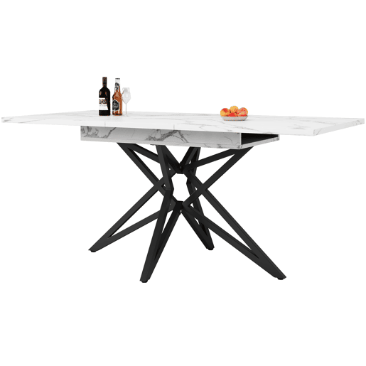 Mesa extensível 120 (160) x 80 cm - Mesa de cozinha, mesa de pequeno-almoço, pernas em forma de estrela, pernas em ferro preto, superfície em imitação de mármorenoz - Branca