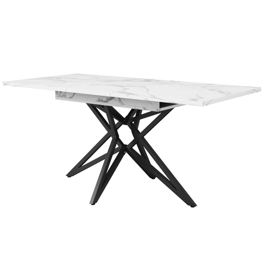 Mesa extensível 120 (160) x 80 cm - Mesa de cozinha, mesa de pequeno-almoço, pernas em forma de estrela, pernas em ferro preto, superfície em imitação de mármorenoz - Branca