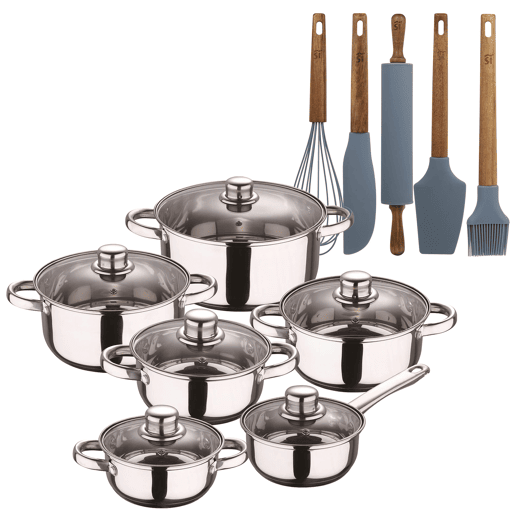 Conjunto de panelas San Ignacio de aço inoxidável com 12 peças e acabamento cromado, coleção Cassel + conjunto de utensílios de cozinha de silicone e madeira com 5 peças Conjunto de panelas San Ignacio de aço inoxidável com 12 peças e acabamento cromado, coleção Cassel + conjunto de utensílios de cozinha de silicone e madeira com 5 peças
