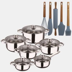 Conjunto de panelas San Ignacio de aço inoxidável com 12 peças e acabamento cromado, coleção Cassel + conjunto de utensílios de cozinha de silicone e madeira com 5 peças