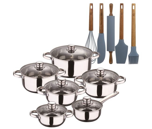 Bateria de cocina 12 piezas san ignacio de acero inoxidable en color cromado colección cassel+ set de 5 utensilios de cocina de silicona y madera