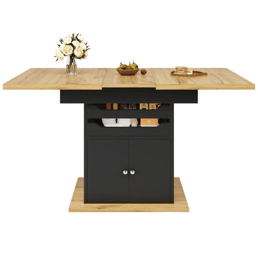 Mesa extensível 110-140x80 cm - Mesa de cozinha dobrável, com 2 gavetas e 1 armário - Preto